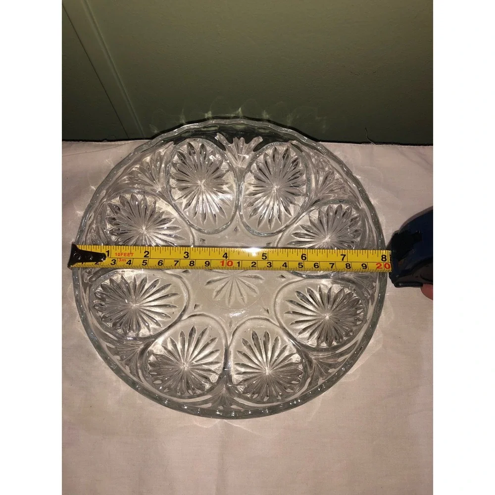 Vintage Clear Pressed Glass Serving Bowl Starburst Thumbprint Scalloped 8 Inch
